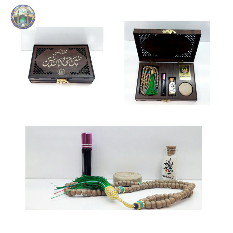 بسته فرهنگی سوغات کربلا جدید (5 قطعه ) عطر کربلا تربت امام حسین تسبیح مهر تربت و آب سرداب حرم حضرت عباس