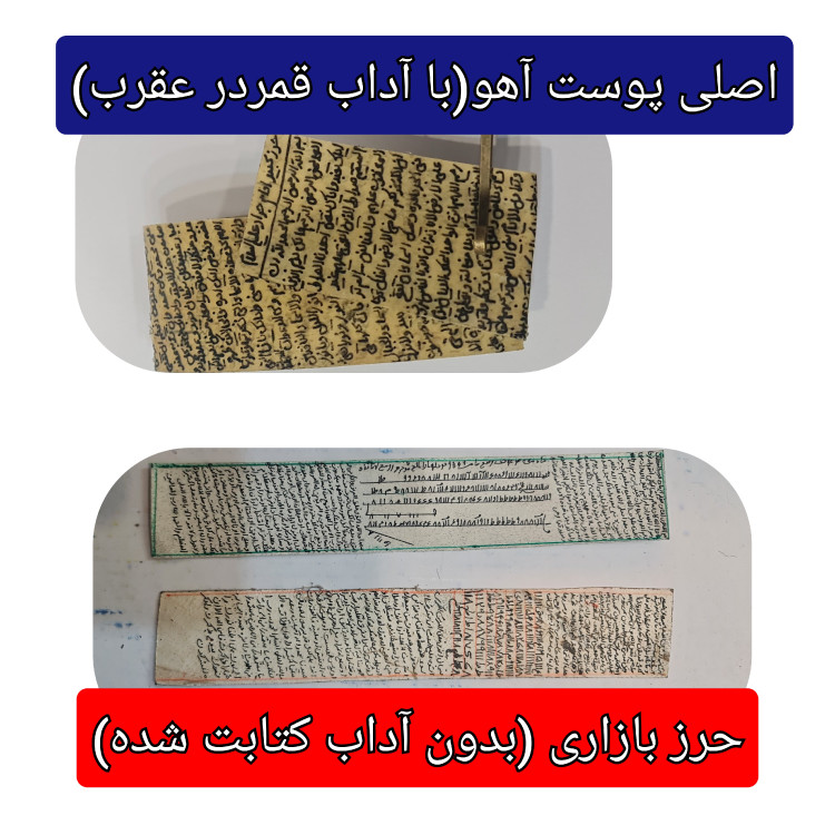 حرز امام جواد روی پوست آهو اصل دست نویس ( با کتابت آداب قمر در عقرب نوشته شده ) ( دعا اذکار ادعیه توصیه ها امام جواد